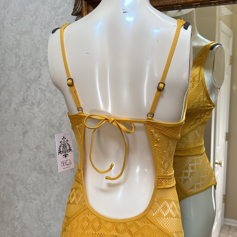 New BECCA Mustard Yellow Lace One Piece Swimsuit. Sz L. Ladder cutout in front. - Picture 7 of 15
